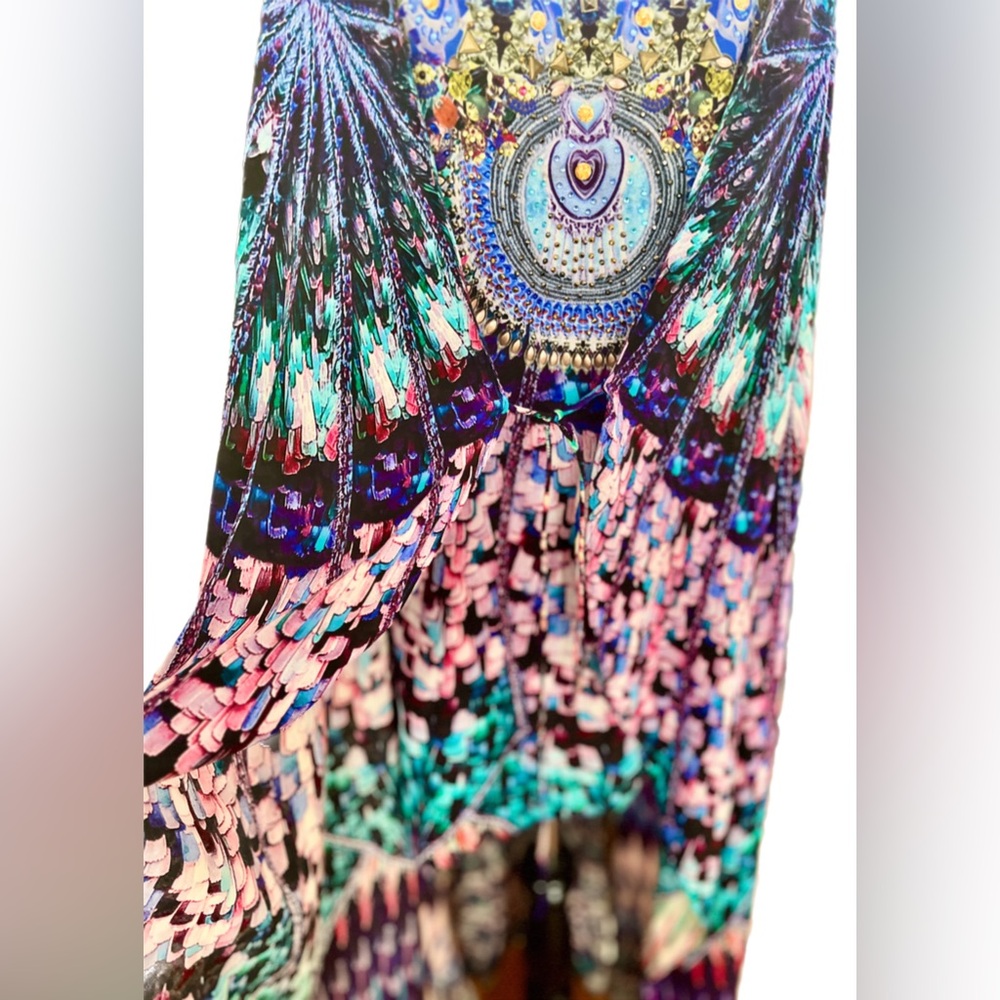 Camilla Maxi Dress Mini w/ Long Over Layer Tie Front Hi-Lo Sparkled Mixed Print - Picture 7 of 13